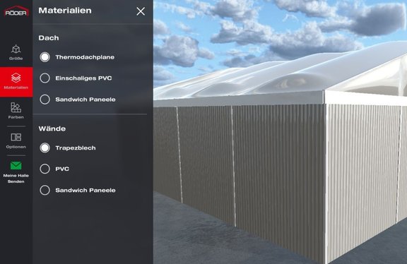 Hall Configurator Step 2 materials like roof and facade