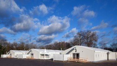 Front view of accommodation halls for refugees