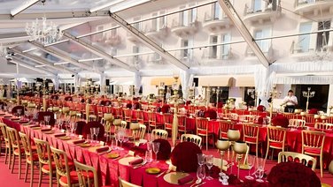 Interior view of an exclusive party tent with interior fittings and transparent roof tarpaulins