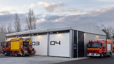 Side view of a warehouse for fire engines in Paris