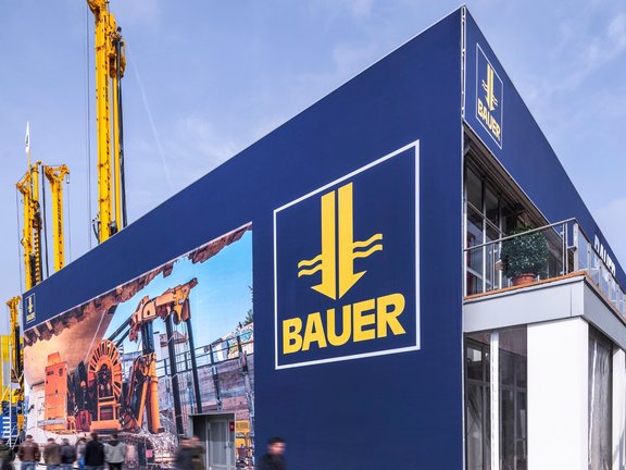 Exterior view on the BAUER exhibition hall during trade fair BAUMA 2019