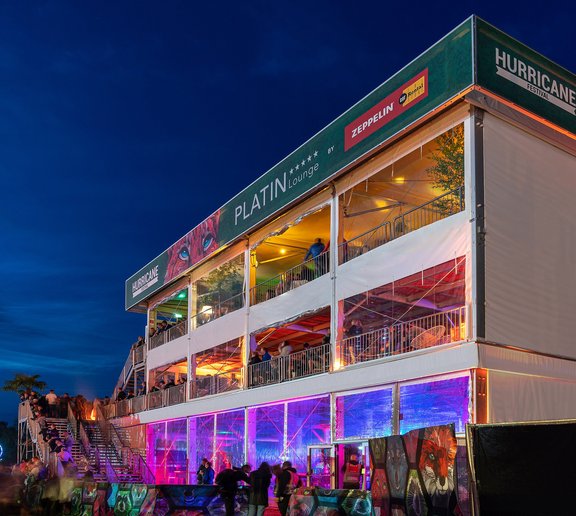 front view of the triple decker marquee as vip area and lounge during Hurricane Festival Germany