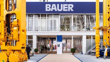 View on the main entrance of the exhibition hall of Bauer during fair trade BAUMA 2019