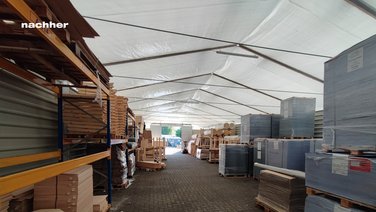 Interior view of a warehouse with goods