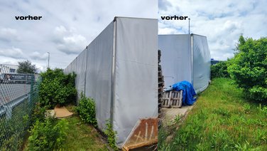 Exterior and side view of an old storage tent