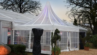 Side view of the entrance to a C Tent Highlight Pagoda