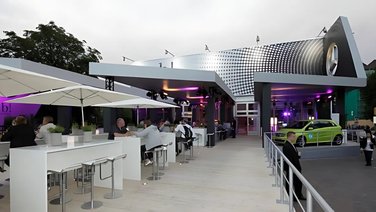 Exterior view of corporate event hall, terrace, entrance area outside