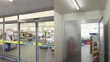 Temporary retail sales area, entrance and staff door
