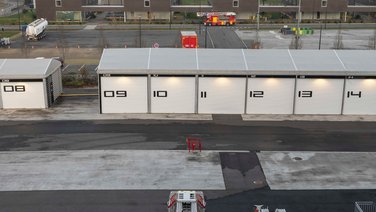 Bird's eye view of a large warehouse for emergency vehicles