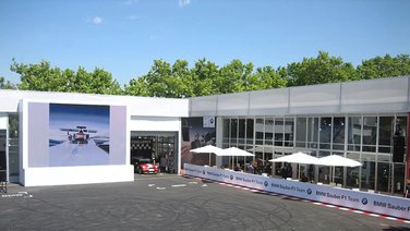 Exterior view of the racing hall with roller shutters