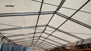 Interior view of an old storage tent with pvc tarpaulin
