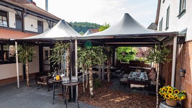  A front view of catering tents from the outside
