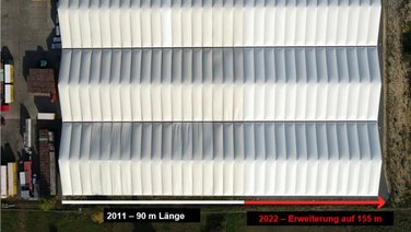 Bird's eye view on an expansion project of a logistics hall