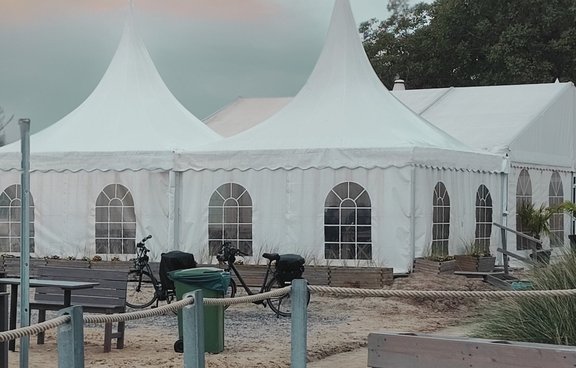 View of several pagoda tents on the Elbe beach - seating on the beach