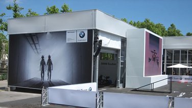 Side view of the racing hall of a car dealership