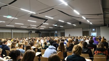 Interior view of the occupied lecture theatre during a lecture at the University of Marburg