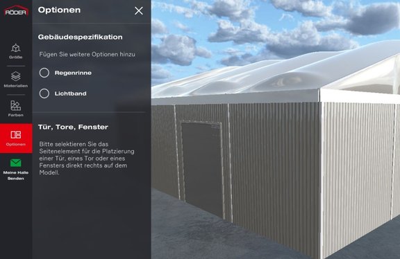 Hall Configurator Step 4 further options like gutter doors portals