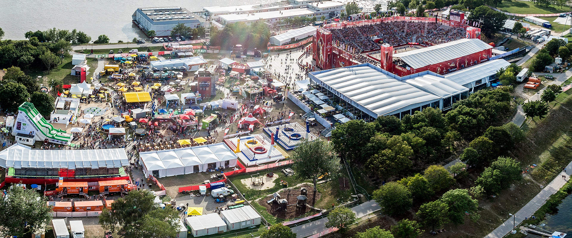 Birds eye view on the tent landscape during the Beach Volleyball Major Series
