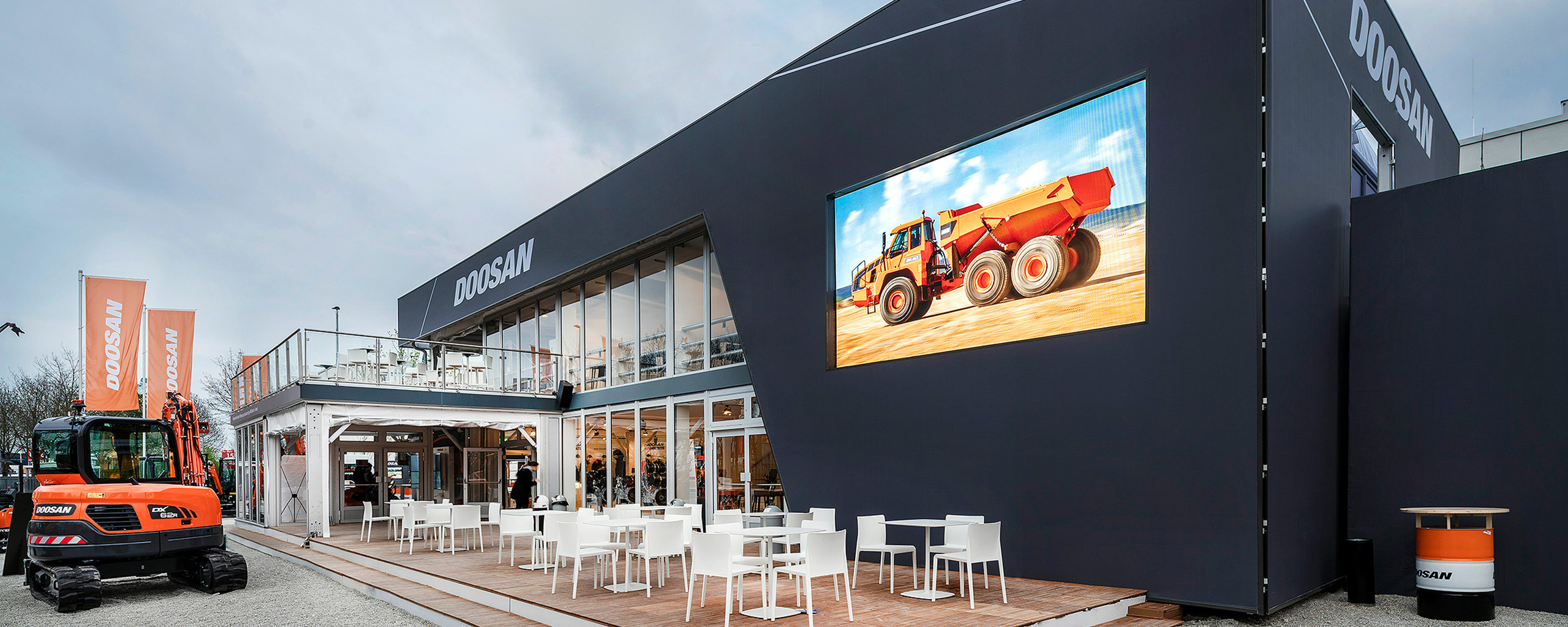 Exterior view of the Doosan Showroom - Roder Marquees at Bauma Munich