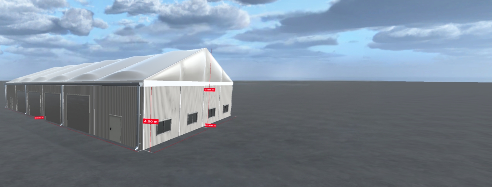 Vogelperspektive auf eine Leichtbauhalle von RÖDER mit Thermodachplane Rendering