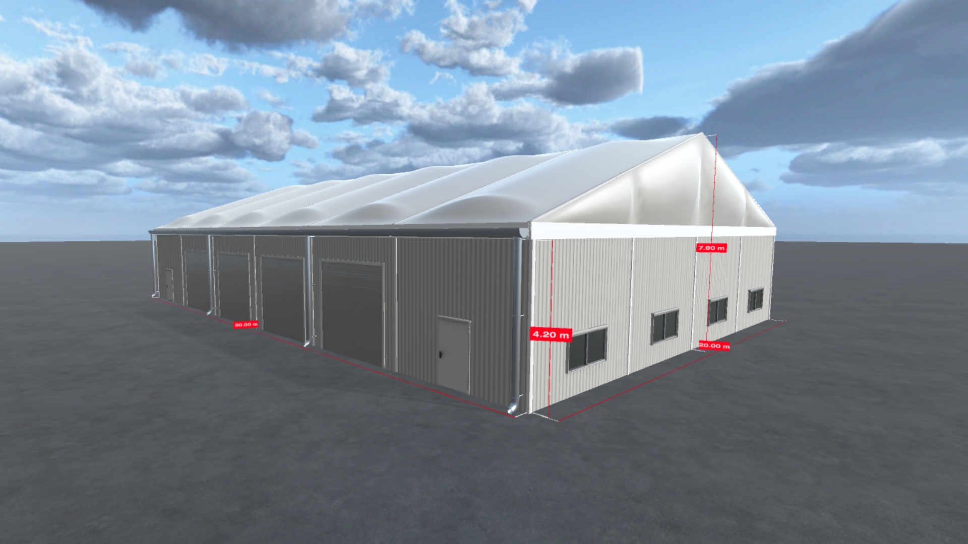 Hall Configurator Rendering of a production hall Step One