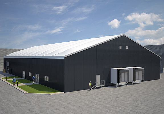 Rendering of an industrial building with fixed roof covering and Iso panels as side walls