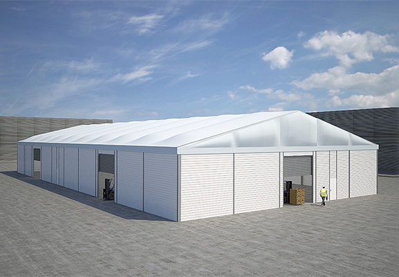 Rendering of the multifunctional hall manufactured by röder - outside view with gates and doors in the front 