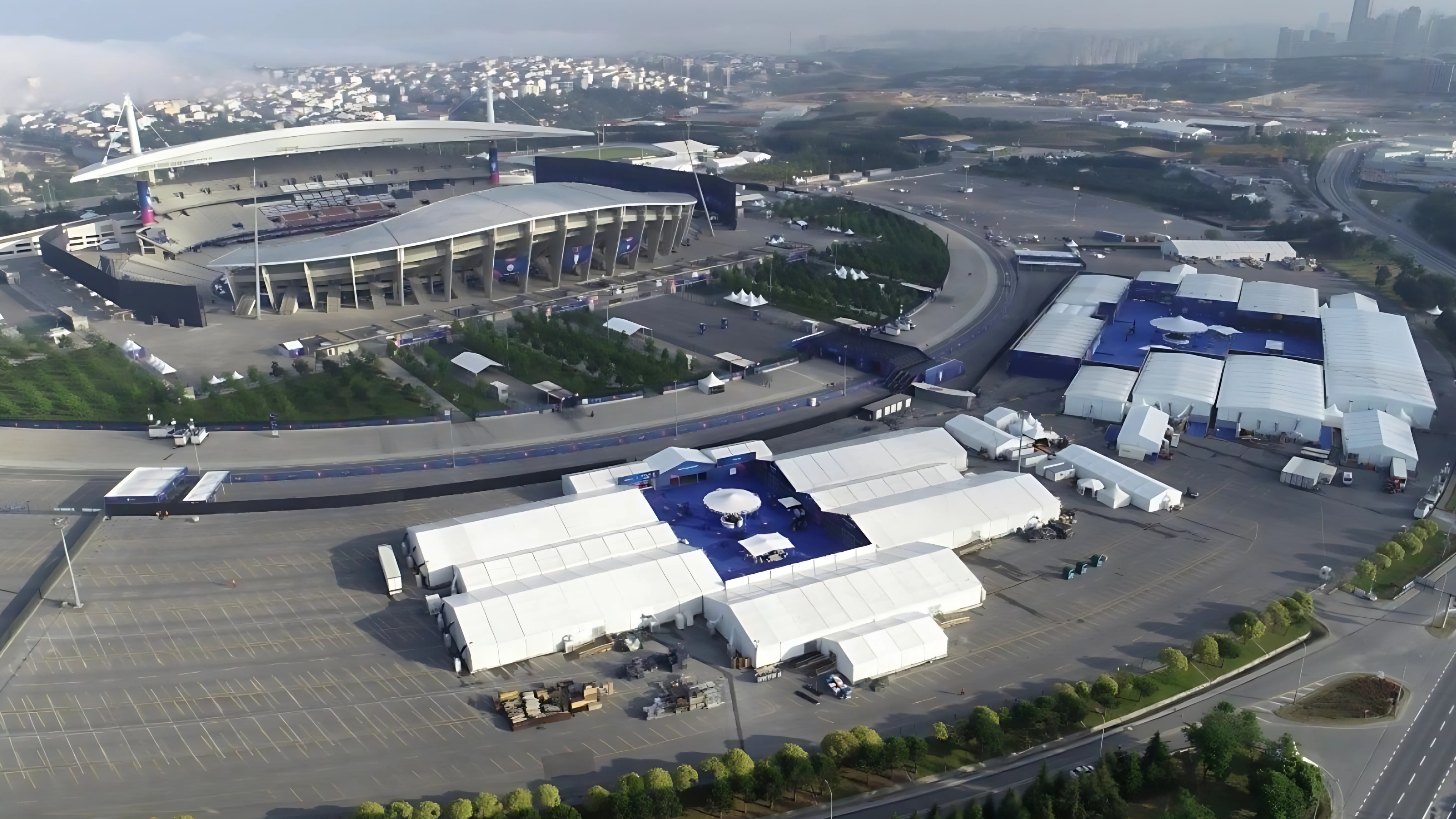Birds eye view on the Instanbul sport stadium with lots of vip tents